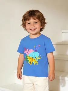 T-Shirt d'Été à Manches Courtes pour Garçons 100% Coton Respirant Col Rond Imprimé Animaux Dessins Animés Décontracté Haut Enfant