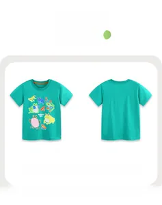 Detailed front and back view of a green kids T-shirt with cartoon frog prints