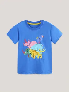 T-shirt bleu pour garçons avec motifs animaux colorés et col rond en coton doux
