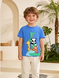 T-Shirt à Manches Courtes pour Garçons 100% Coton Imprimé Animaux Dessin Animé Col Rond Top d'été Décontracté pour Enfants