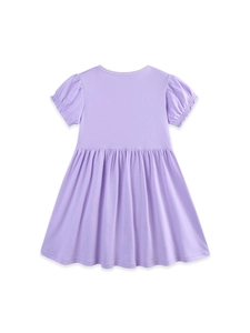 Hellviolettes Baumwollkleid für Mädchen mit Puffärmeln und plissiertem Rockteil