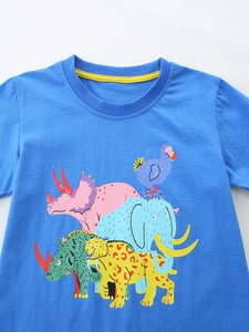T-shirt bleu à manches courtes pour garçons avec imprimé animaux colorés et col rond