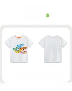 Front and back views of white cotton kids T-shirt with five colorful cartoon racing cars