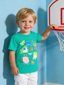 Boys Glow In The Dark Short Sleeve T-Shirt 100% Cotton Luminous Cartoon Frog Print Round Neck Summer Casual Kids Top