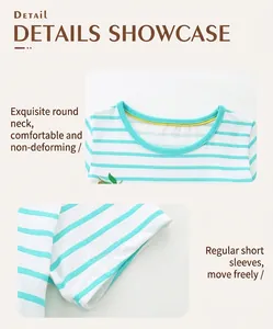 Detail view of striped cotton dress showing comfortable round neckline and short sleeves