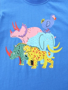 T-shirt bleu en coton pour garçon avec imprimé animaux colorés et col rond
