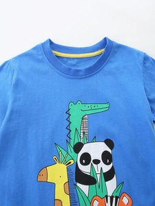 Bright blue boys' cotton T-shirt featuring vibrant cartoon animal prints and a crew neck