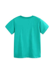 Kids mint green short sleeve T-shirt with crew neck and glowing cartoon print on white