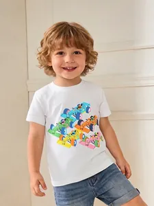 Kids Boys 100% Cotton Short Sleeve T-Shirt Colorful Cartoon Racing Car Print White Round Neck Summer Daily Casual Top