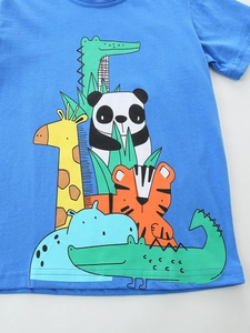T-shirt bleu en coton pour enfant avec animaux de dessin animé et col rond classique