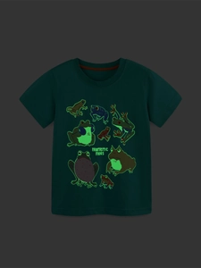 Dark green boys' cotton T-shirt set with fantastic frog prints and glowing animal patterns