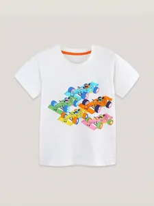 Kids short sleeve white T-shirt with colorful cartoon racing cars and orange neck trim