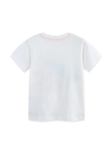 White cotton T-shirt for boys with pink neckline stitching and car cartoon print