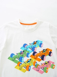 White cotton t-shirt for boys with colorful cartoon racing cars and round neckline