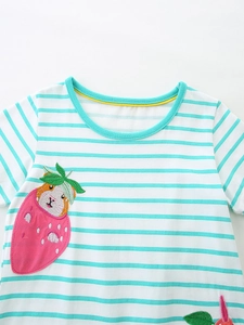 Girls striped short sleeve dress with cute strawberry and animal embroidery details