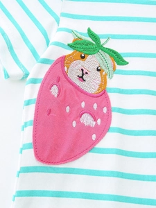 Girls striped princess dress with cute cartoon cat and strawberry embroidery details