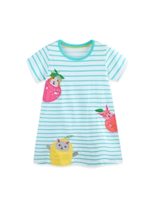 Girls striped short sleeve dress with cute animal embroidery patches and fresh green stripes