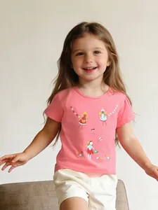 Maglietta a Maniche Corte in Cotone da Ragazza Rosa Stampa a Cartoni Animati Fata Fiori Girocollo Manica a Sbuffo Top Casual Estivo
