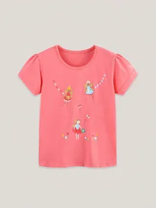 T-shirt rosa in cotone a maniche corte per bambine con stampa fata e fiori