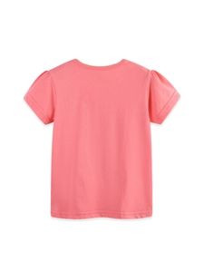 T-shirt bambina rosa corallo a maniche corte in cotone con girocollo e maniche a sbuffo