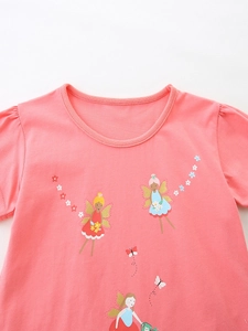 T-shirt rose corail pour filles avec imprimé fée dessin animé et col rond classique