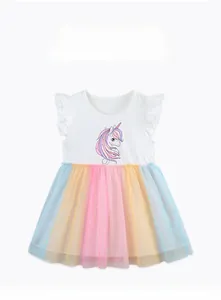 Detail of girls' unicorn dress with ruffle sleeves and colorful tiered tulle skirt