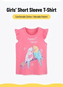 Close-up of pink cotton girl's t-shirt featuring colorful parrot prints and ruffled sleeves