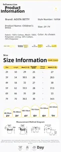 Detailed size chart and fabric specifications for girls unicorn tulle party dress