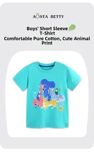 Detail of teal cotton boys' T-shirt featuring cute animal prints and round neckline