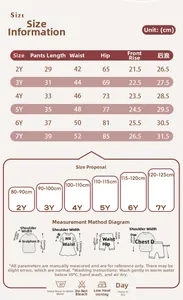 Detailed size chart for girls' embroidered sports shorts showing measurements for ages 2Y to 7Y