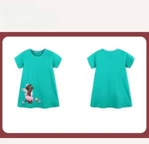 Vue avant et arrière de la robe bleue pour fille avec broderie chiot mignon et imprimé floral