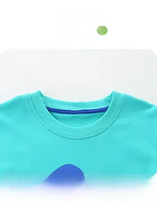 Detail of blue cotton T-shirt featuring a ribbed crew neck and durable inner neck tape