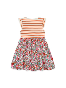 Abito estivo in cotone per bambina con strisce arancioni e gonna a fiori
