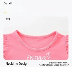 Close-up of pink cotton t-shirt collar featuring FRIENDS print and ruffle trim detail