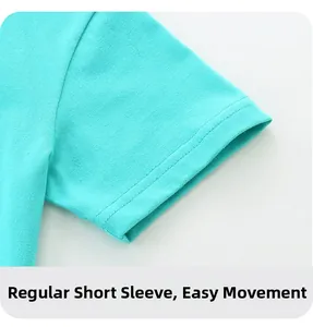 Detail of teal cotton kids T-shirt sleeve with high-quality double-needle stitching