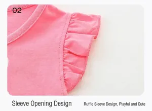 Detailed close-up of the ruffled sleeve design on a pink cotton girls t-shirt