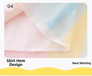 Detailed close-up of multi-colored tulle hemline with neat stitching on girls' dress