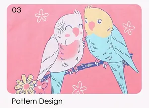 Detailed close-up of cute cartoon parrot print on pink cotton knit fabric for kids' clothing