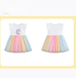 Front and back detail of unicorn print dress with rainbow tulle skirt and flutter sleeves
