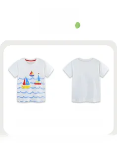 Detail of white cotton boy's T-shirt with nautical sailboat print front and back views