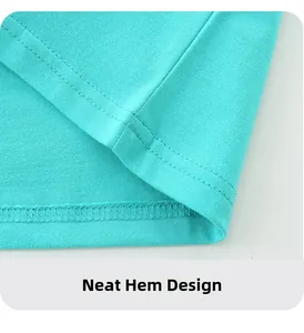 Detailed macro view of the bright cyan cotton T-shirt hem with neat double stitching