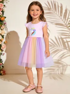 Abito Estivo da Bambina con Unicorno e Arcobaleno in Rete Tutu Maniche a Volant in Cotone Vestito da Principessa per Festa