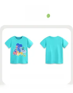 Front and back detail of a boys blue cotton T-shirt with cartoon animal safari print