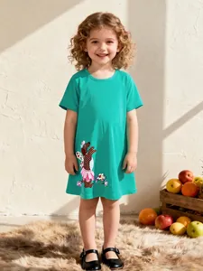 Robe d'Été en Coton à Manches Courtes pour Petites Filles Mignonne Broderie de Chien à Pois Style Princesse Trapèze