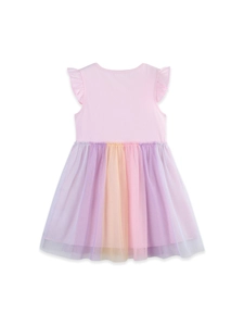 Abito rosa da bambina con gonna in tulle arcobaleno e maniche a volant unicorno