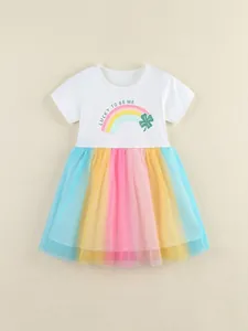 Robe tutu arc-en-ciel à manches courtes pour filles avec imprimé Lucky To Be Me