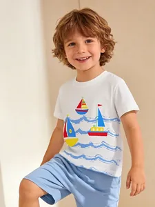 Boys 100% Cotton Short Sleeve T-Shirt Casual Crew Neck Cartoon Sailboat Print Summer Top For Kids Daily Wear