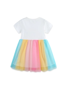 Robe d'été pour fille avec jupe en tulle arc-en-ciel et manches courtes en coton