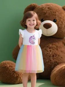 Girls Summer Unicorn Rainbow Mesh Princess Dress Cotton Fly Sleeve Patchwork Party Tutu Dress For Toddler Kids Clothing