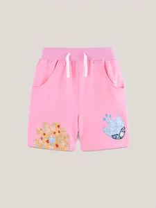 Pink cotton shorts for girls with elastic drawstring waist and floral patchwork embroidery